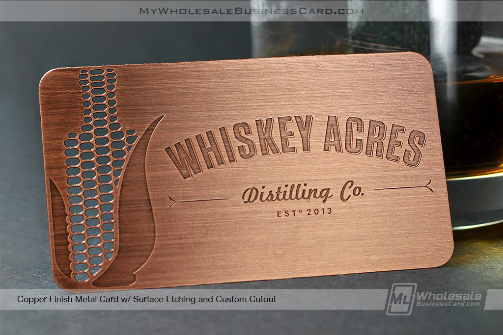 My Wholesale Business Card | Copper Finish Metal Card With Custom Corn Whiskey Cutout Design