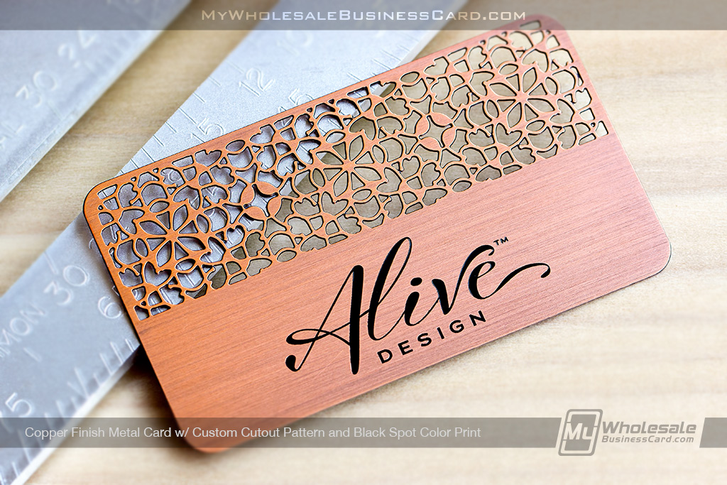 My Wholesale Business Card | Copper Metal Business Cards Brushed With Cutout Floral Pattern And Black Spot Colors