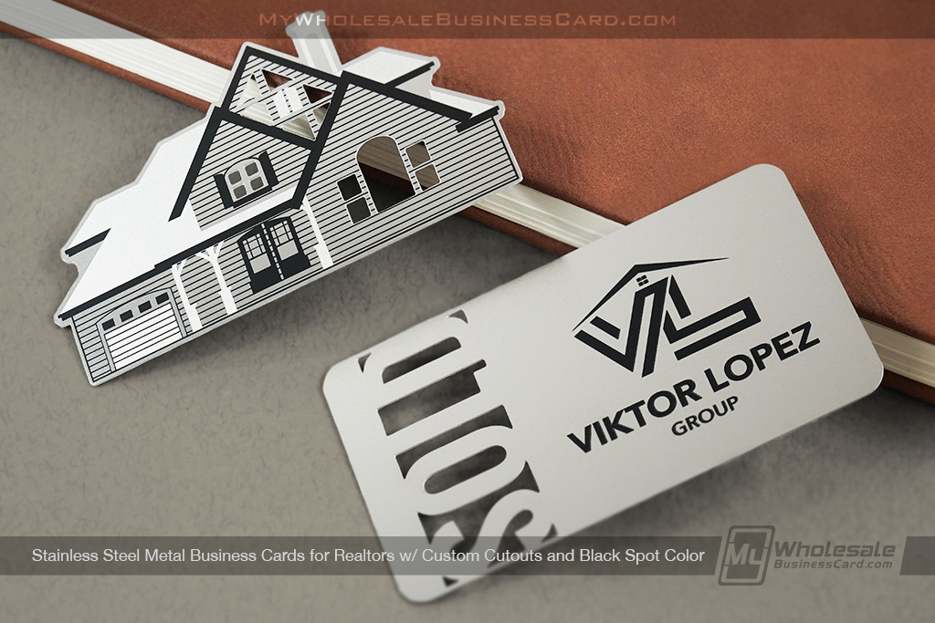 My Wholesale Business Card | Stainless Steel Metal Business Cards For Realtors With Custom Cuouts And Black Spot Color Custom Shape House