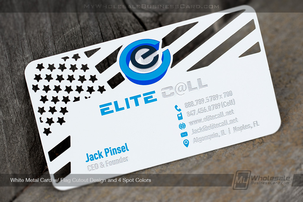 My Wholesale Business Card | White Metal Business Card With American Flag Inspired Cutout Design And Spot Colors