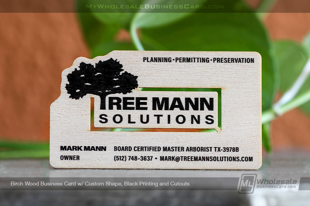 My Wholesale Business Card | Birch Wood Business Card With Custom Shape Design And Black Spot Color With Custom Cutouts 1