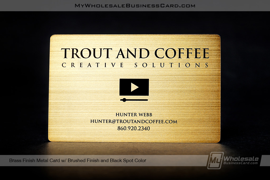 My Wholesale Business Card | Brushed Brass Finish Metal Business Card With Black Spot Color Text And Logo