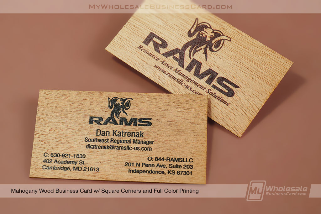 My Wholesale Business Card | Mahogany Wood Grain Business Card With Custom Design Front And Back And Black Spot Color