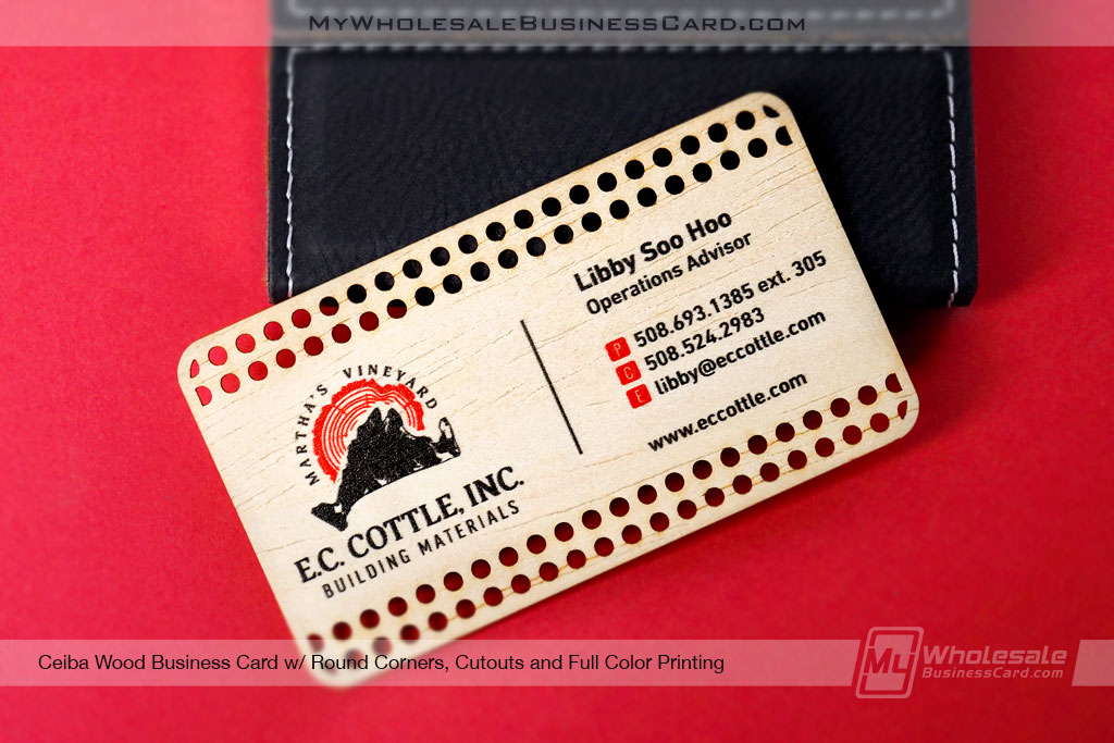 My Wholesale Business Card | Ceiba Wood Business Card With Rounded Corners And Custom Cutout Edge Design