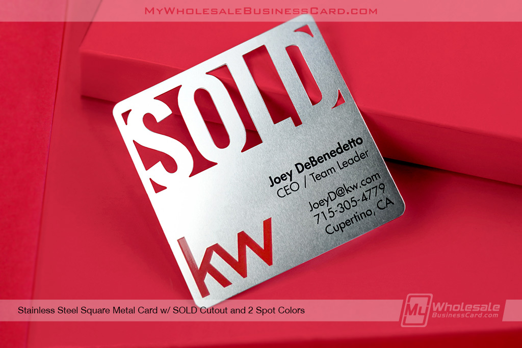 My Wholesale Business Card | Square Stainless Steel Metal Business Cards With Realtor Sold Cutout Design And Two Spot Colors