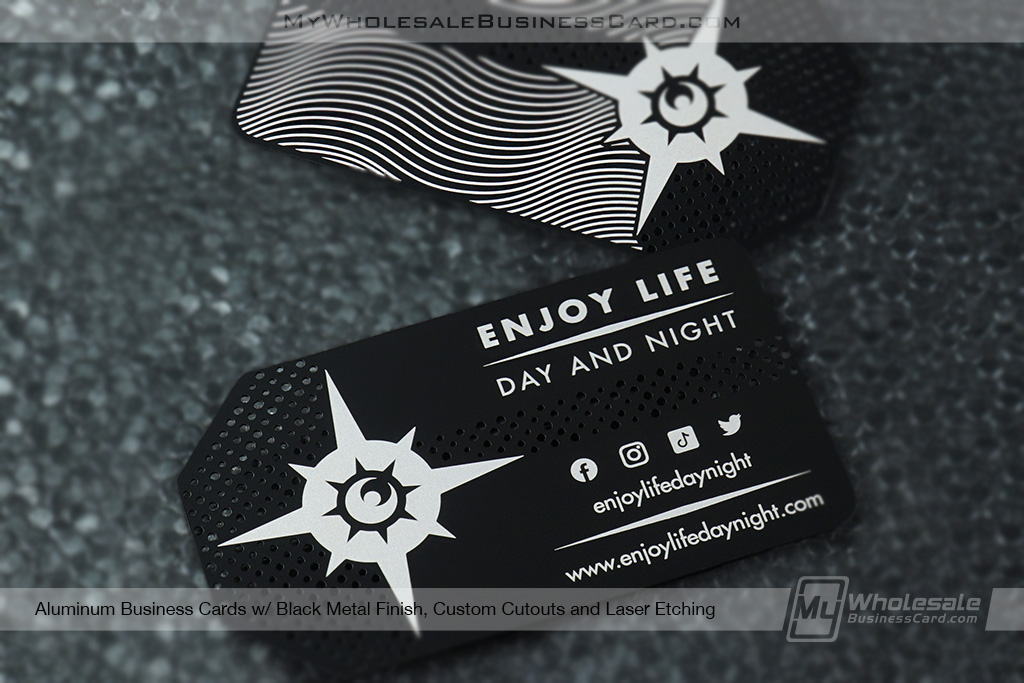 My Wholesale Business Card | Black Finish Metal Aluminum Business Cards With Silver Laser Etching And Custom Cutouts