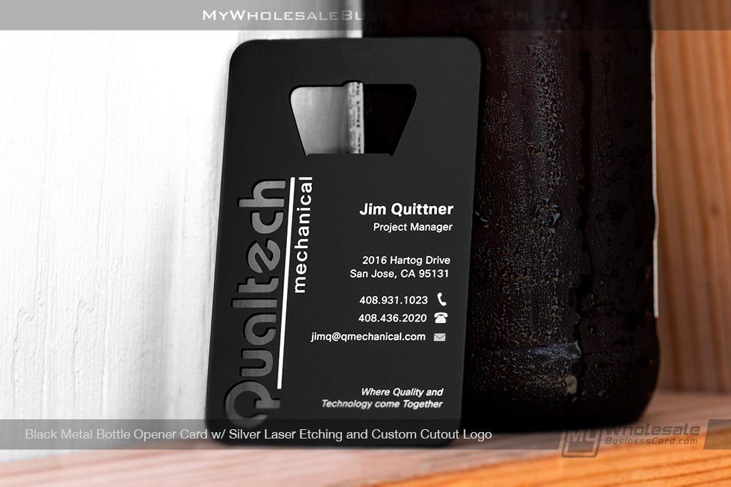 My Wholesale Business Card | Bottle Opener Metal Business Card With Black Metal Finish And Custom Cutout