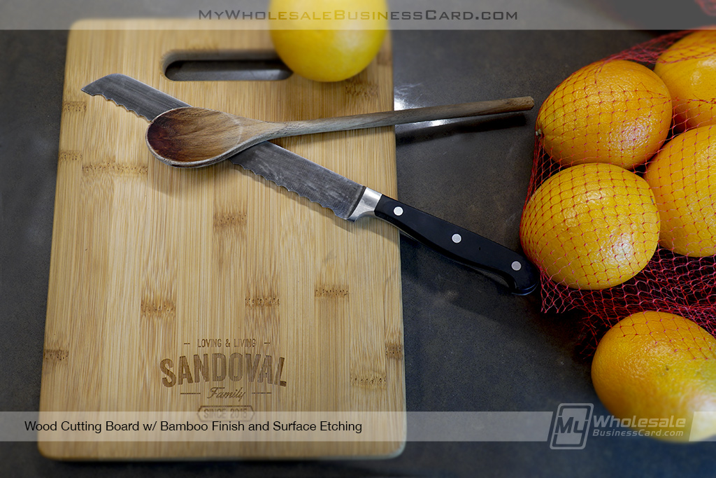 My Wholesale Business Card | Bamboo Finish Wood Cutting Board With Family Logo Etched