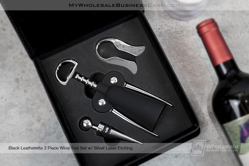 My Wholesale Business Card | Inside Look Black Leatherette Wine Tool Gift Set