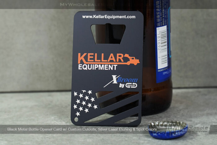 My Wholesale Business Card | Black Metal Bottle Opener Card Custom Cutouts Silver Laser Etching Spot Colors Kellar