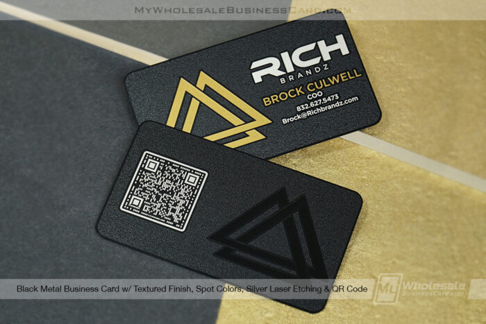 My Wholesale Business Card | Black Metal Business Card Textured Finish Spot Colors Silver Laser Etching Qr Code Rich