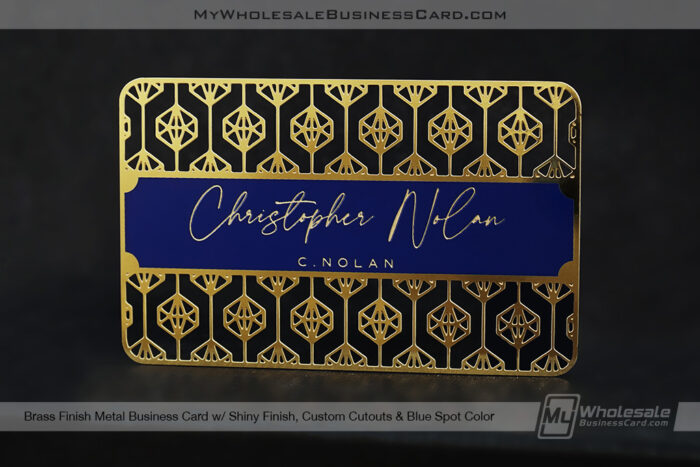 My Wholesale Business Card | Brass Finish Metal Business Card Shiny Finish Custom Cutouts Blue Spot Color Cnolan