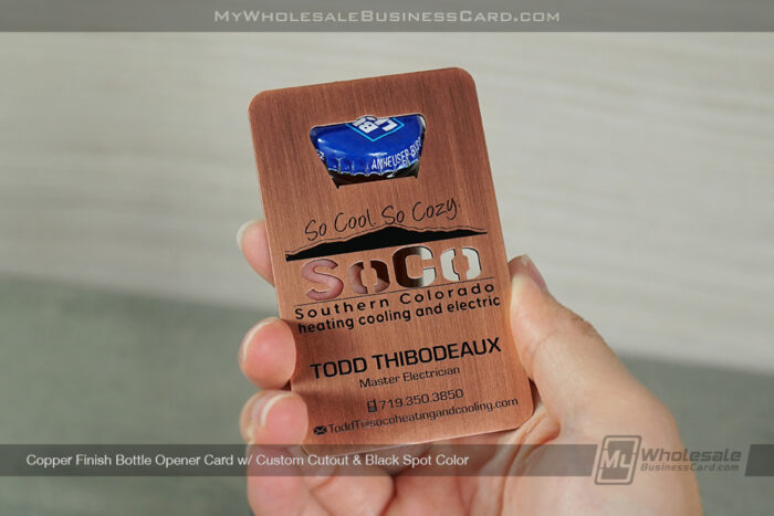 My Wholesale Business Card | Copper Finish Bottle Opener Card Custom Cutout Black Spot Color Soco