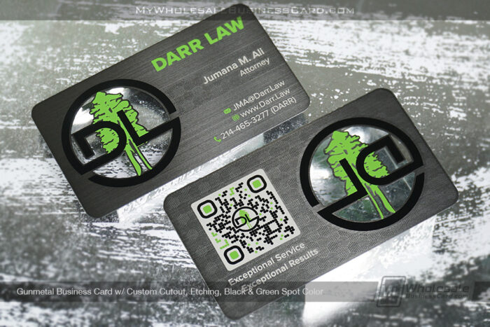 My Wholesale Business Card | Gunmetal Business Card Custom Cutout Etching Black Green Spot Color Qr Darr