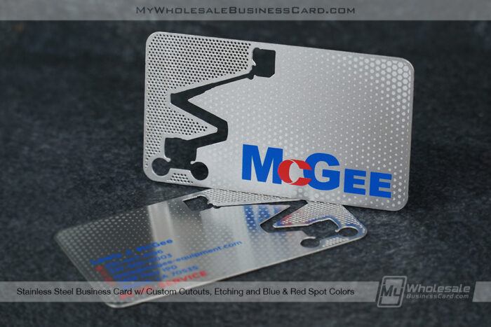 My Wholesale Business Card | Stainless Steel Business Card Custom Cutouts Etching Blue Red Spot Colors Mcgee