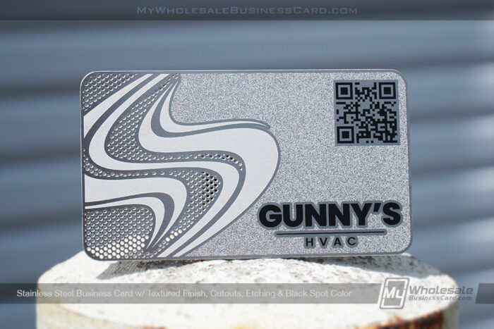 My Wholesale Business Card | Stainless Steel Business Card Textured Finish Cutouts Etching Black Spot Color Qr Code Gunny
