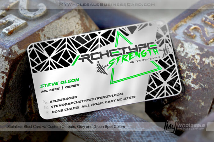 My Wholesale Business Card | Stainless Steel Business Cards With Green And Gray Art Fitness