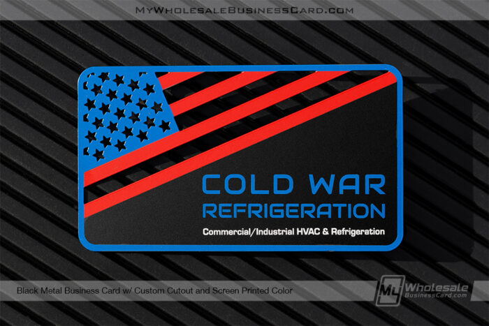 Black-Metal-Business-Card-Custom-Cutout-Screen-Printed-Color-Cold-War-Refrigeration