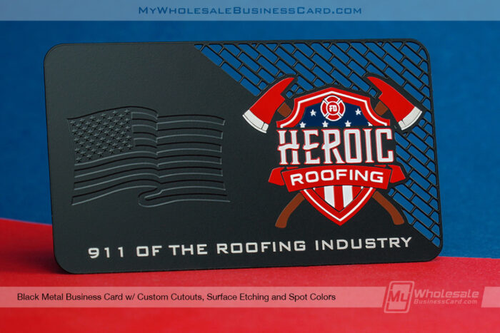 Black-Metal-Business-Card-For-Roofing-Company-With-American-Flag-Embossed-Look