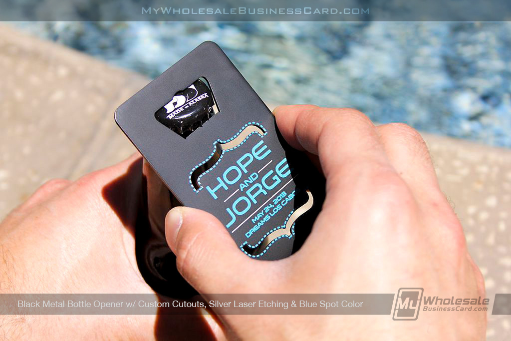 My Wholesale Business Card | Black Metal Bottle Opener Business Card With Blue 13635