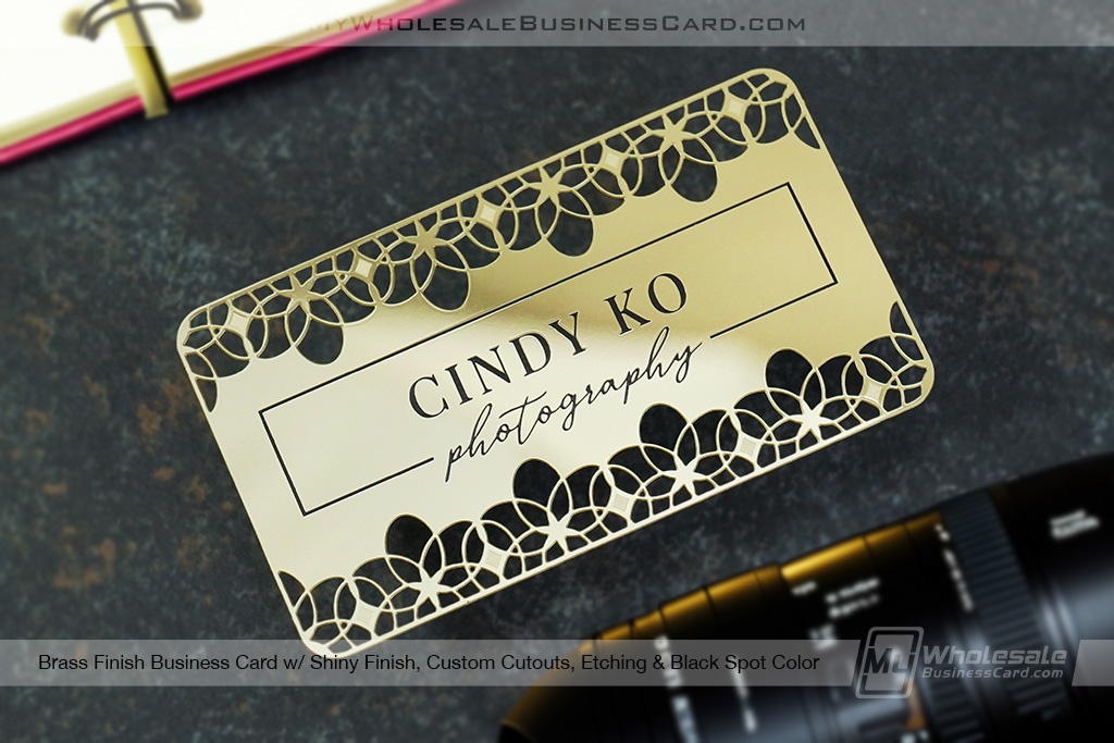 My Wholesale Business Card | Brass Finish Business Card Shiny Finish Cutouts Etch Black Cindy