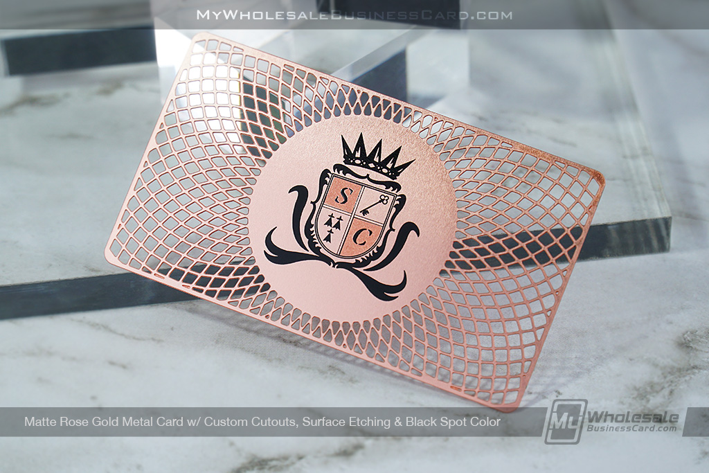 My Wholesale Business Card | Matte Rose Gold Finish Metal Card Custom Cutout Black Spot Color Etching Sc
