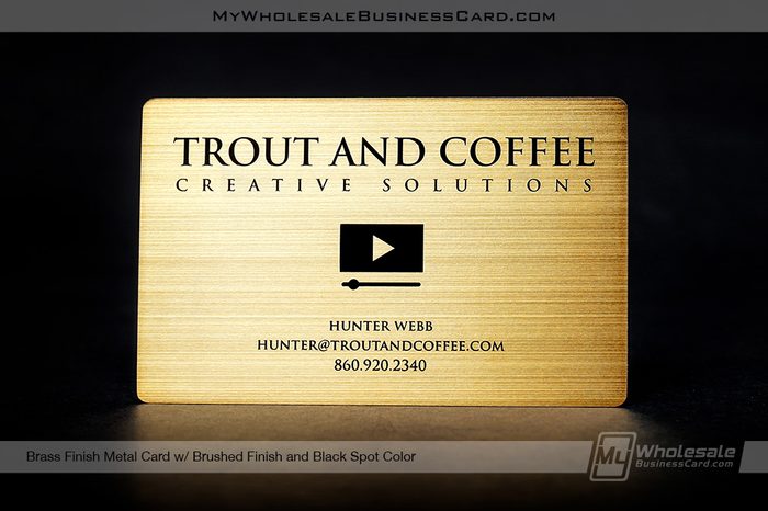 My Wholesale Business Card | Brushed Brass Finish Metal Business Card With Black Spot Color Text And Logo 1