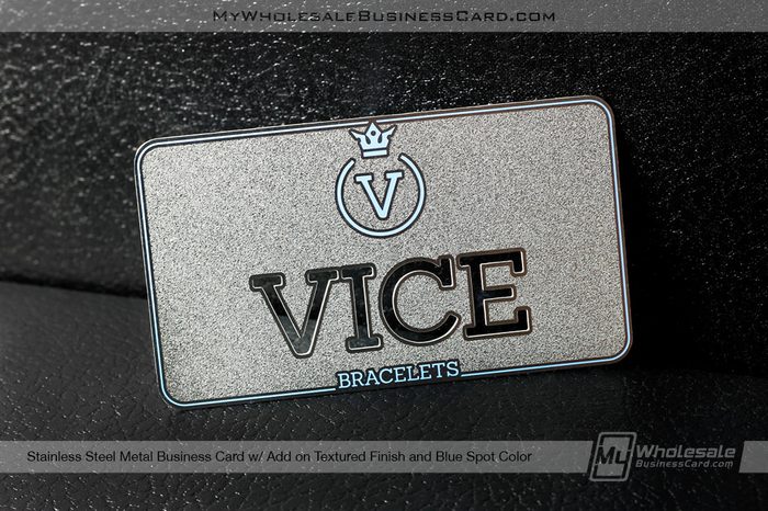 My Wholesale Business Card | Textured Finish Stainless Steel Metal Business Card For Vice Bracelets Company With Trendy Baby Blue Spot Color